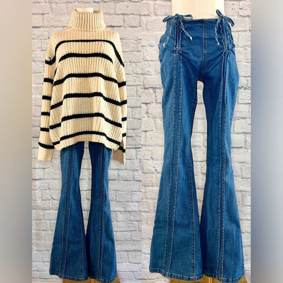 Denim - SOLD Wide Leg Flared Bell Bottom Denim Jeans Pants w Bows Low Rise Boho Preppy